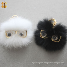 Black And White Funny Fox Fur Ball Pom Pom with Eyes Glasses Fur Keychan Bag Charm